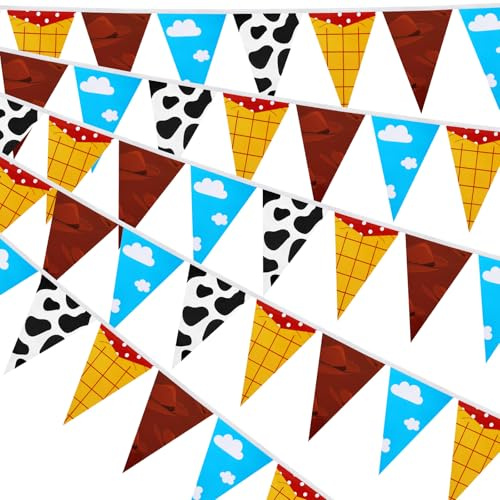 Xindojuz 5 Stück Spielzeug Cartoon Story Geburtstag Banner Party Dekorationen Blauer Himmel Weiße Wolke und Kuh Druck Wimpel Rot Blau Gelb Schnur Dreieck Flagge Story Banner für Babyparty Geburtstag
