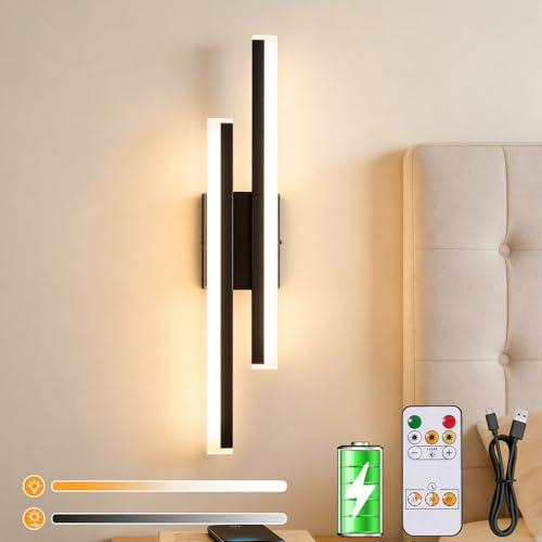 Dehobo Rechargeable Wall Light Indoor, Battery Operated Wall Light Black | 4400mAh Modern Wall Scone 50cm with 3 Color Temperatures, Dimmable Acrylic Wireless Wall Lamp for Livingroom, Bedroom, Dining