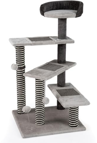 GOPLUS Katzentreppe 3-stufige, 2 in 1 Kratzbaum Hundetreppe mit Sisal-Kratzpfosten, 3 große Plattformen, Plüschball, Sisal-Kratzmatten & Liegebett, Haustiertreppe 93cm hoch stabil, Katzenbaum für Katz