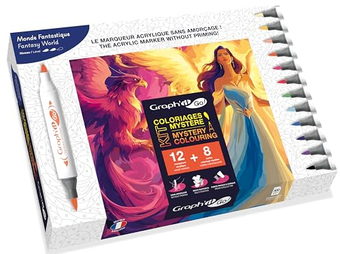 Graph'it Go - Kit Coloriage Mystère 12 marqueurs acryliques sans amorçage, double pointe pinceau et fine + 8 cartes A4 de coloriage mystère à colorier - Set Monde Fantastique