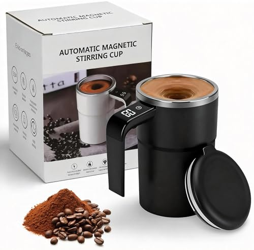 DVDVBOOM Electric Magnetic Self Stirring Mug with Digital Display, Automatic Stirring Cup with Lid, Rechargeable Self-Mixing Mug for Coffee, Tea, Hot Chocolate (Black, 380ML)