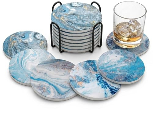 Lot de 6 Dessous de Verre Céramique Bleu Océan, sous-Verres Ronds Marbrés pour Verre, Mug, Café et Thé, Accessoire Déco pour Table, Cuisine et Salon