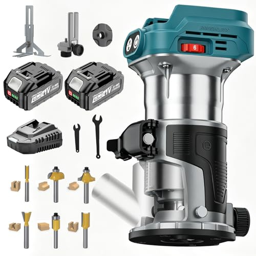 Yofuly Akku Oberfräse Kompatibel mit Makita 18V Akku, Bürstenloser Akku Kantenfräse Holz Fräse 6 Drehzahlregelung | 28000RPM | Aluminiumsockel, + 6-tlg. Hartmetall Fräser 6,35mm Set