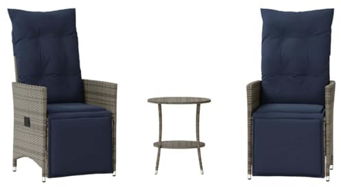 HGKMBRY 3-teiliges Poly Rattan Bistro-Set Grau mit verstellbaren Rückenlehnen und Fußstützen, dick gepolsterten Kissen und abnehmbaren waschbaren Bezügen für Garten, Balkon oder Terrasse