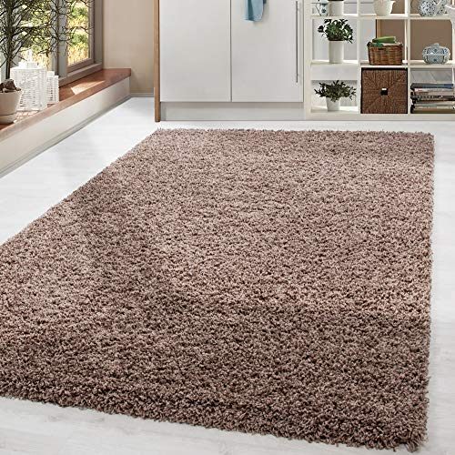 HomebyHome Shaggy Hochflor Teppich, 140x200 cm, Mokka, weich, flauschig, modern, einfarbig, Vielseitig einsetzbar im Wohnbereich, für Wohnzimmer Schlafzimmer Flur