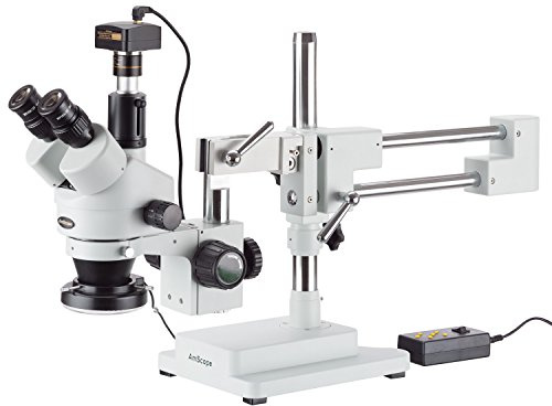 AmScope 3.5X-90X Simul-Focal Stereo Zoom Microscope on Boom Stand with 144-LED Ring Light and 10MP Camera