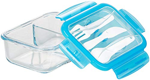 Rosenstein & Söhne Gefrierdosen Glas: Glas-Frischhaltedose, 2 Kammern, Besteck, Klick-Deckel, -20 bis 520 °C (Lunchbox, Dose, Müsli)