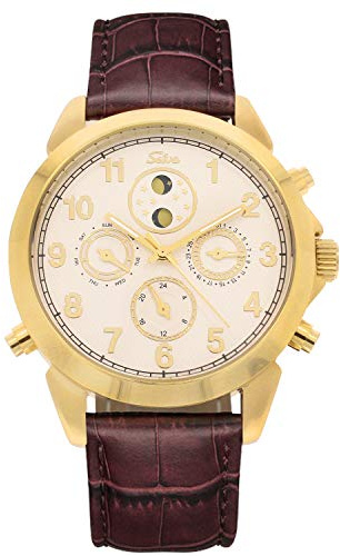 SELVA Herren-Armbanduhr ‚Santos‘ – Sonne/MOND-Phase – Automatik – Vergoldet – Geliefert Geschenkbox