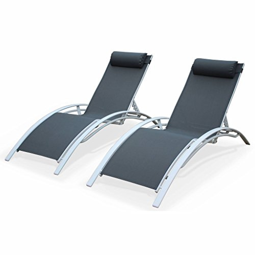 Alice's Garden - 2 chaises Longues inclinables en Aluminium et textilène - Blanc/Gris