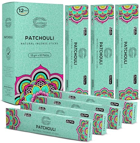 Raajsee Patchouli Incense Sticks (180 gm), 100% Pure Organic Natural Hand Rolled Free from Chemicals - Patchouli Incense Perfect for Aromatherapy, Cleansing, Meditation, and Church(Pack of 12)