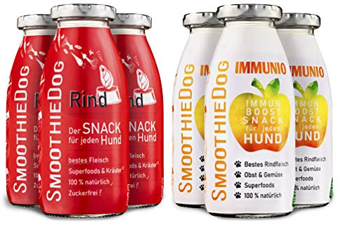 Hunde Smoothie SmoothieDog 6er Mix - je 3X: Rind, Immunio (Rind) - Flüssiges Hundeleckerli - Zucker- & glutenfrei - je 250ml