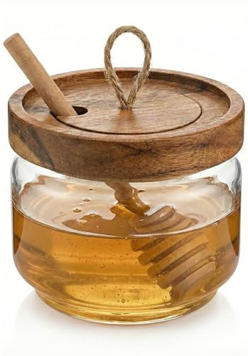 Honey Jar Pot Glass Holder Dispenser Set with Wooden Dipper Stick and Acacia Lid Cover for Home Kitchen, Clear, Modern Honey Syrup Glass Container for Storage Gift, Honey Pot and Drizzler (9 Oz)