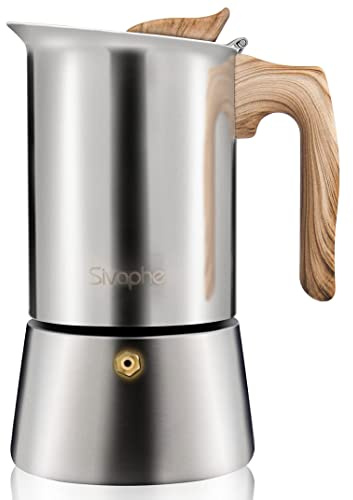 Sivaphe Stovetop Espresso Maker Stainless Steel 9 Cups, Induction-Capable Mocha Pot 450ml, Coffee Percolator with Replacement Silicone Gasket Steel Filter and Instructions (1 Cup=50ml)