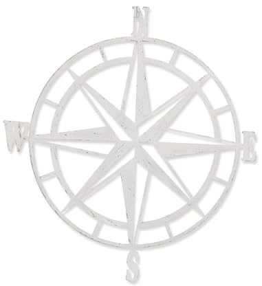 Loberon Windrose Bianco, edler Hamptons-Look, Maritime Note, mit Antik-Finish, stilvoller Wandschmuck, Dekoration, Eisen, weiß