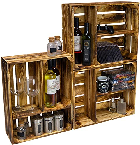 Kistenkolli Altes Land Gewürzregal aus Holz geflammt Obstkisten Traute mit zwei Ebenen ca 50cm x40cm x16cm/ Regalkiste Holzkiste/Weinkisten Wanddeko Vintage Kiste Wandregal CD-Regal (3er set Traute)