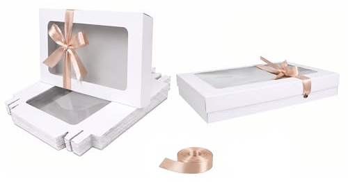 Emartbuy Geschenkschachtel, rechteckig, 29,5 x 22 x 4,5 cm, weißes Kraftpapier mit transparentem Deckel und Satinband, 12 Stück