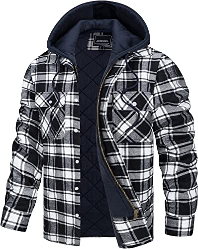 TACVASEN Chemise Homme Matelassée Carreaux avec Capuche,Black,XL