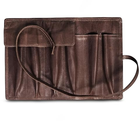 Custodia per penna stilografica in pelle (contiene 6 penne), custodia per penna stilografica realizzata a mano, con robusto cinturino e patta pieghevole, custodia in pelle con due tasche aperte per