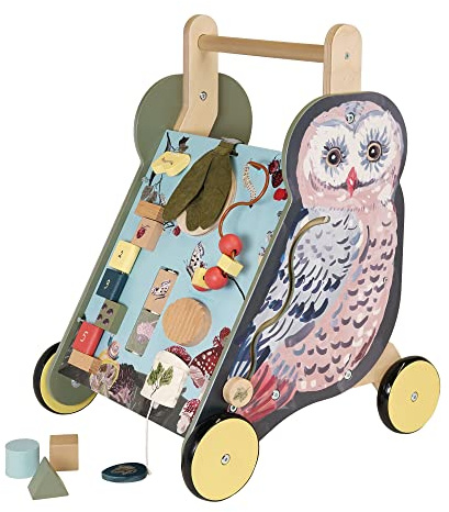 Manhattan Toy Wildwoods Owl Holzwagen mit Formsortierer und Korb, gezacktem Oval, Spinnern, Perlenlauf und mehr