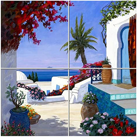 Napolamp Cuadro Mosaico de 4 baldosas cerámicas de cm. 20x20 con Estampa Paisaje 2 en Estilo Mediterráneo Tamaño Mosaico cm. 40x40