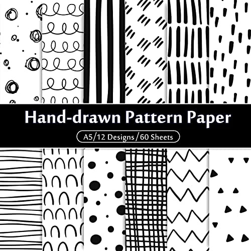 Whaline 60 Blatt schwarz & weiß Doodle Muster Papier A5 Größe handgezeichnete Schnörkel und Punkte Scrapbook Papier doppelseitiges minimalistisches Bastelpapier für DIY Kartenherstellung Zubehör, 12