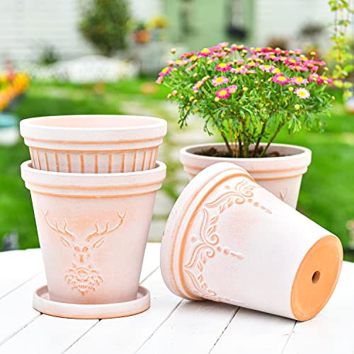 Sungmor Lot de 3 grands pots de fleurs en terre cuite en relief avec soucoupe, 20,3 cm avec trou de drainage, couleur terre cuite, conteneurs décoratifs pour plantes d'intérieur et d'extérieur
