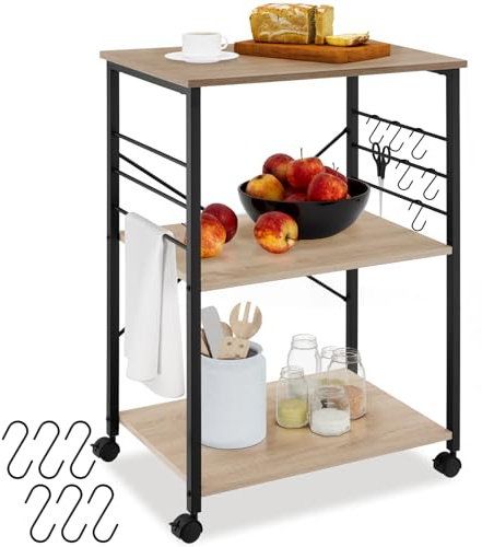 tectake® Carrello Cucina 65,5x45,5x88,5cm, Carrello con Ruote 3 ripiani, Scaffale Salvaspazio Microonde, Organizer Cucina Portaoggetti con Ganci, per Casa e Dispensa, Stile Industriale - Legno Chiaro