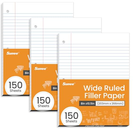 SUNEE Loose Leaf Paper, 450 Sheets, 3 Pack Wide Ruled Paper, 8 x 10-1/2 Inch Filler Paper, 3 Hole Punch Binder Paper, Loose Leaf Notebook Paper, 150 Sheets/Pack