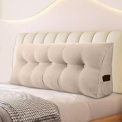 Rückenkissen, Keilkissen kopfteil Gepolstert Lesekissenfür Bett und Sofa geeignet, Stützkissen, Kissen Großes Wandkissen mit abnehmbarem und waschbarem Bezug, mit Seitentaschen（Beige-100x20x50cm）