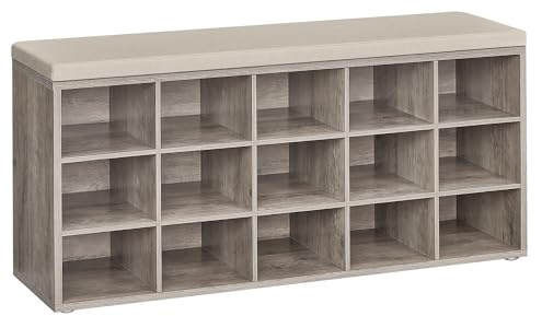 VASAGLE Shoe Bench with Cushion, 15 Compartments, 11.8 x 41.3 x 18.9 Inches