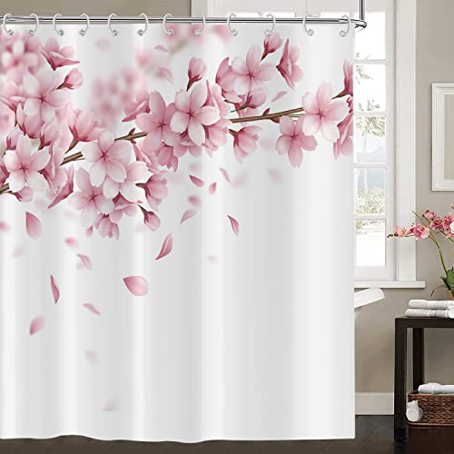 Hnmdmyi Cortina de Baño Flor de Cerezo 120x200, Cortina de Baño Flores Rosa Estilo japonés asiático Sakura Art Cortina de Baño Tejido Poliéster Impermeable Lavable para Baño con Ganchos