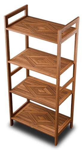 Elegant Teak 4-Shelf Organizer Storage Stand for Your Bathroom, Kitchen, Living-Room, Patio, Terrace, Waterproof, Use as Towel Rack, Shower Caddy, Bookshelf, Plant Display 48”(H) x 21”(L) x 13”(W)