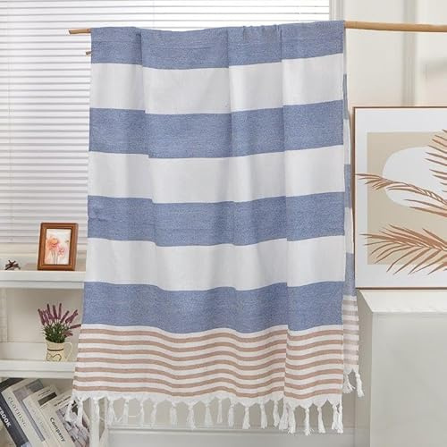 FEBE Telo mare mare blu e marrone, 180 x 80 cm, in cotone, ultraleggero, con panno per hammam, asciugamano da sauna, telo da picnic