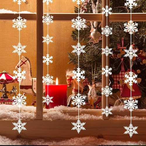 Schneeflocken Girlande Weihnachten Deko Winterdeko Hängend, 6 x 2 Meter Perlglanz Schneeflocken, Fenster-, Decken- & Weihnachtsbaum Dekoration, Weiße Winterdeko für Zuhause & Feiern