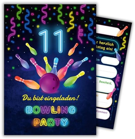 JuNa-Experten 12 Einladungskarten zum 11. Kindergeburtstag Bowling Kegeln Jungen Mädchen coole Einladungen elfte Geburtstag Mädchengeburtstag Jungsgeburtstag