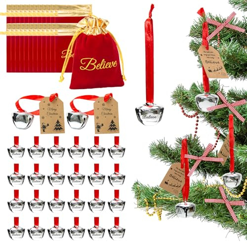 24 Sets Christmas Believe Bells Polar Express Bells Christmas Bells for Decoration Bulk with Red Gold Trimmed Velvet Bags, Tags,Gifts for Kids & Adult