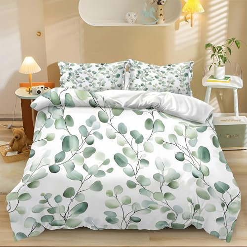 Generisch Bettdeckenbezug 135x200cm Mikrofaser Bettwäsche Set 3D Druck Aquarell Eukalyptus Bettbezug Mit Reißverschluss Und 2 Kissenbezug 80x80cm, Kinder Flauschig Weich Warme Bettbezüge