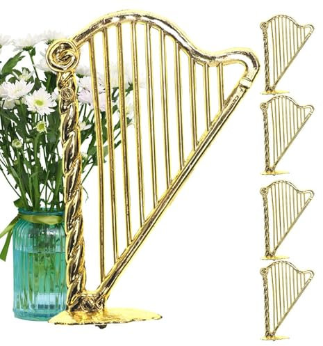 Miniatur-Harfenfigur, kleines Harfenspielzeug | Kleines Harfen-Desktop-Ornament-Set mit 5 Stück,Miniatur-Harfenstatue, 1:12, goldene Harfenverzierung für Baumdekoration, Puppenhausdekoration, Weihnach