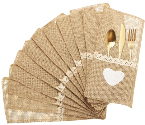 QUARKZMAN 12 Stück Burlap Spitze Besteckhalter, 4 x 8 Bestecktasche Besteckhalter Natürliche Jute Tasche Burlap Serviettentasche für Tischdekoration Party Hochzeit