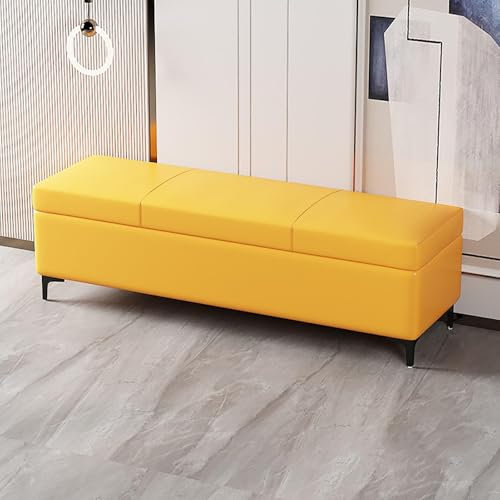 Luxuriöse Ottoman-Bank aus PU-Leder mit Stauraum und Metallbeinen, gepolsterter Fußhocker für Schlafzimmer, Wohnzimmer, Eingangsbereich, moderne Bettbank, Gelb (80 cm)