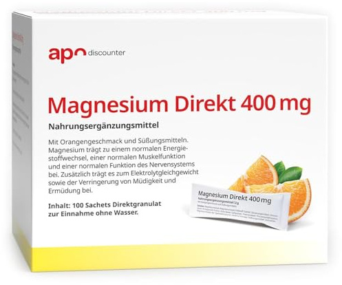 apodiscounter Magnesium Direkt 400 mg - Direkt-Sticks mit Magnesiumoxid & Magnesiumcitrat, Einnahme ohne Wasser, Orangengeschmack, vegan, glutenfrei & laktosefrei (100 x 2 g)