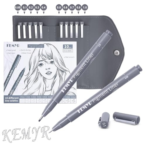 KEMYR 10 bolígrafos de caligrafía de 0,05 mm a 1,0 mm, suministros de arte grises, impermeables, marcadores de tinta gris para artistas, uso para acuarela profesional, bocetos
