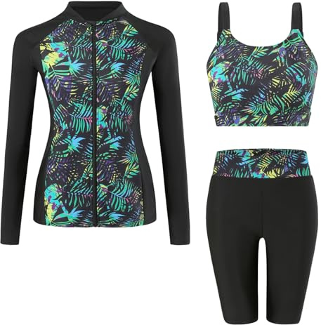 Ausing Costume da bagno da donna, 3 pezzi, a maniche lunghe, Rash Guard, protezione solare, con cerniera, per surf, spiaggia, taglie S-2XL, Nero , XL