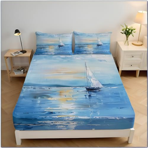Segelboot Auf Dem Meer Spannbettlaken 90X200Cm Ölgemälde Landschaft Spannbetttuch Atmungsaktiv Und Komfortabel Pflegeleicht Bettlaken Für Kinder Teenager Frauen Mit 2 Kissenbezügen
