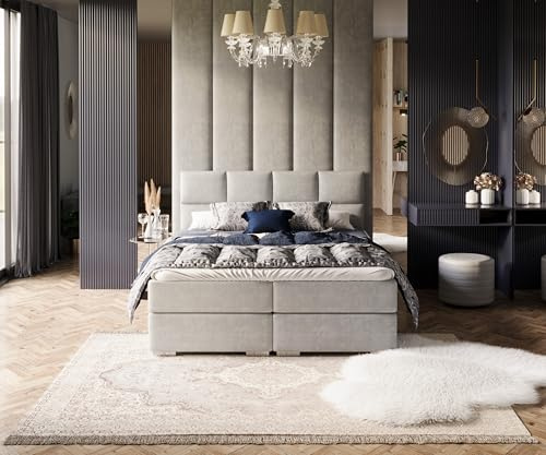 FDM Boxspringbett Polsterbett Stauraumbett Springbett mit Bettkasten 140x200, 160x200, 180x200cm hochwertigem Velours - mit gepolsterten Kopfteil (Trinity-Grau, 140x200)