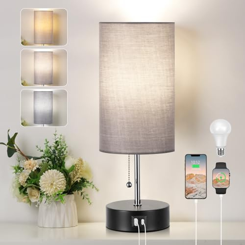 ROTTOGOON Nachttischlampe, Tischlampe mit USB A & C Ladefunktion, Grau | mit LED Glühbirne, 3000K/4000K/5000K, für Schlafzimmer Wohnzimmer