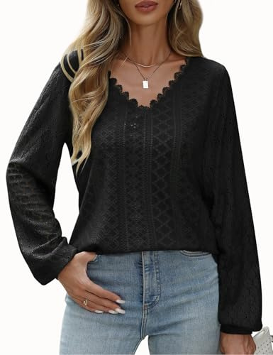 CMTOP Camicia Donna Elegante Camicette a Manica Lunga in Pizzo Blusa Scollo a V Tunica Bluse Maniche a Palloncino Casual Maglie Tops Autunno