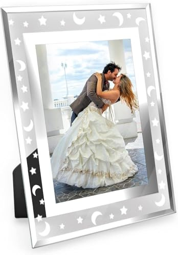 Ichigo Ichie Marcos de Fotos 10x15cm de Vidrio para la Mesa con Diseño de Estrellas y Luna, Portafotos de Cristal en Posición Vertical y Horizonta con el Borde Plateado, Ideal para Hogar y la Oficina