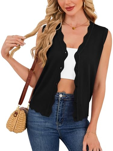 Veryoung Sleeveless Cardigan for Women Lightweight Summer Casual V Neck Button Down Scalloped Sweater Vest Knit Short Cardigans, Black, Medium