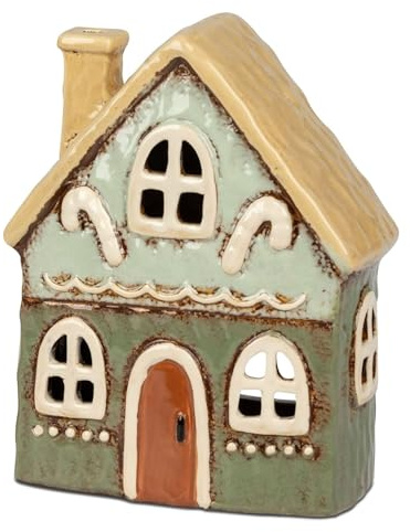 formano Windlicht Haus 17 cm Herbst Weihnachtsdeko Keramik handbemalte Häuschen aus glasiertem Steinzeug - Winter Teelichthalter - Deko Häuser Set für Fensterbank oder Tisch